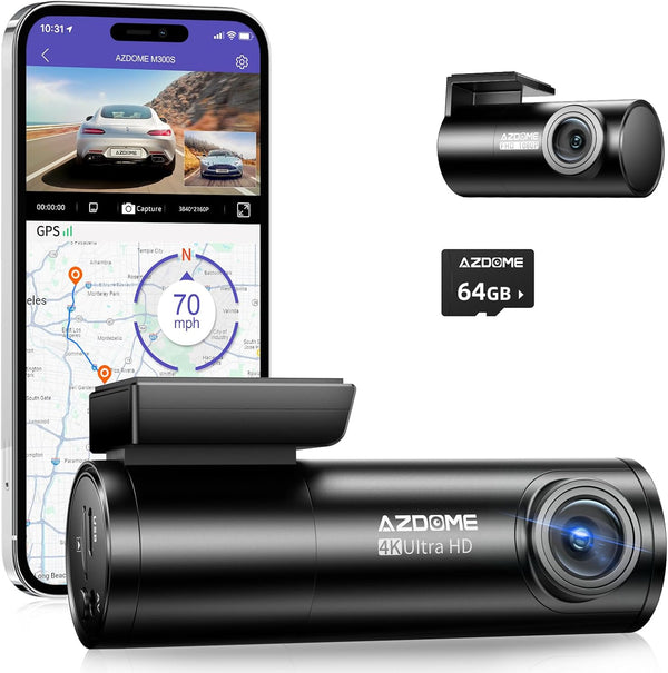 AZDOME M300S 4K Dash Cam  Front and Rear GPS Voice Control WDR Night Vision G-Sensor