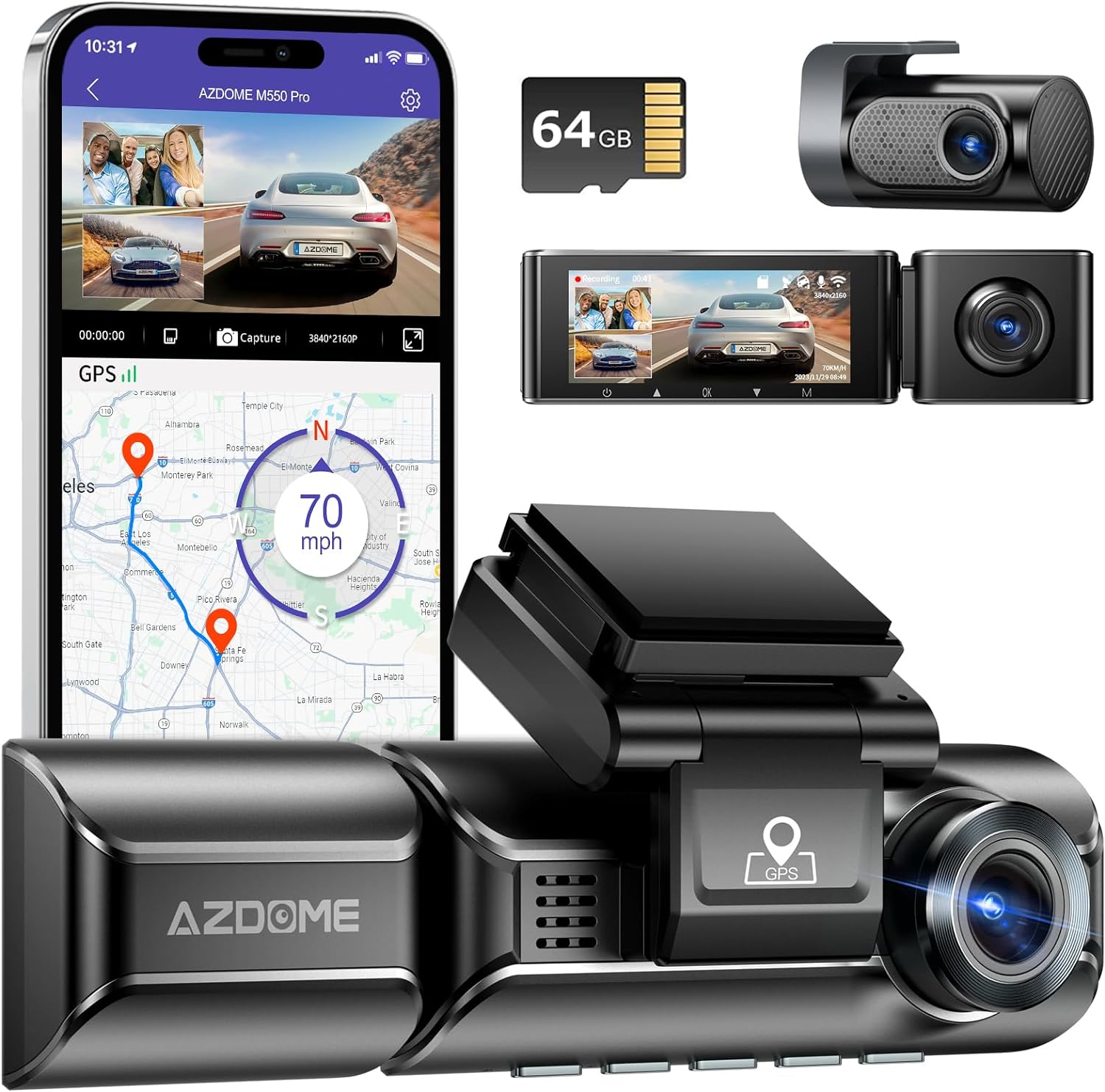 AZDOME M550 Pro 5G WiFi 3 Channel 4K Dash Cam for Car Dash Camera Fron