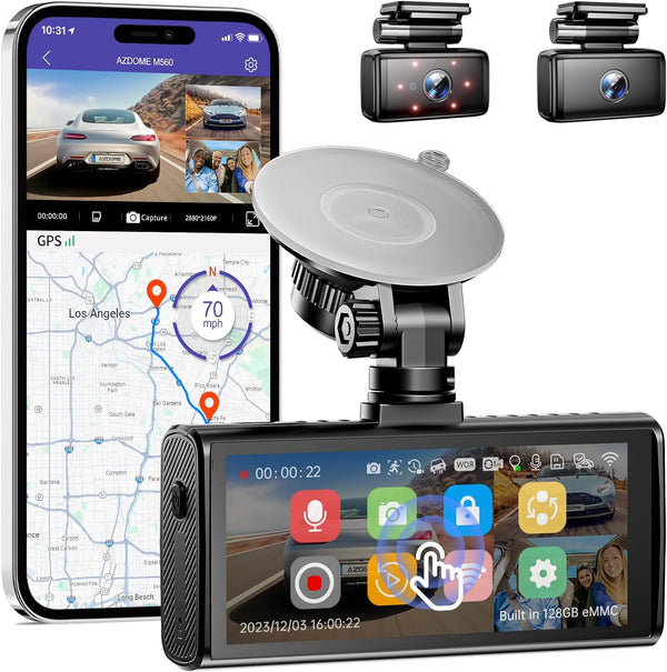 AZDOME M560 3 Channel 4K Dash Cam 4" IPS Touchscreen Built-in eMMC 128GB Front and Rear Inside