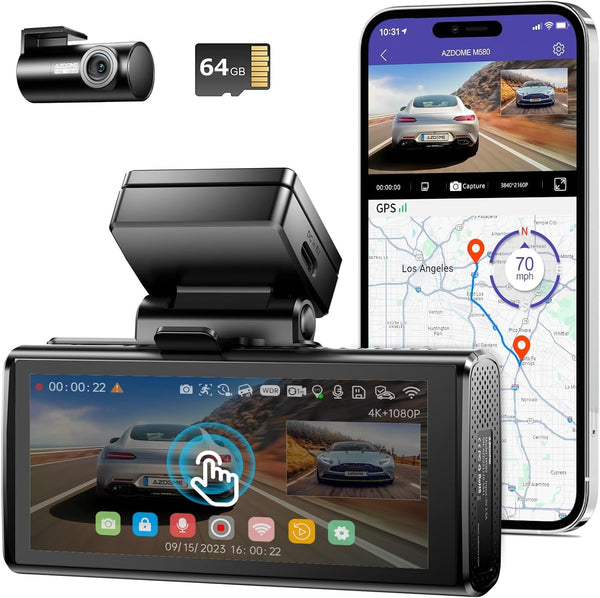 AZDOME M580 5K 5GHz WiFi Dash Cam Front and Rear 4 Inch Touchscreen Dash Camera for Cars